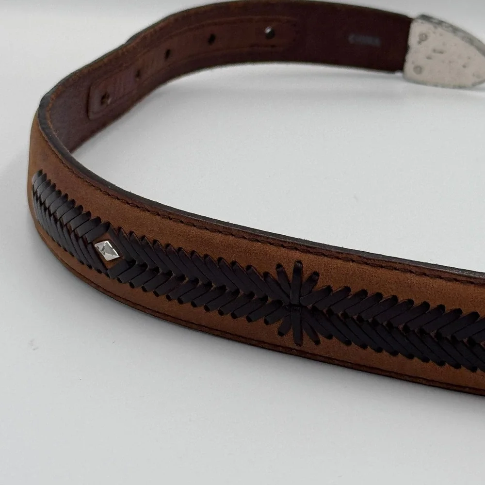 Brighton‎ Western Brown Leather Belt Engraved Buckle Metal Tip Cowboy Style
